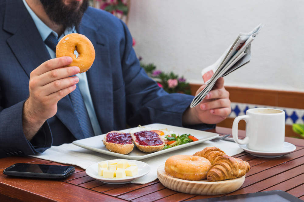 Hombre en traje comiendo una dona en una mesa de desayuno servida con pan, mermelada, café y un periódico.